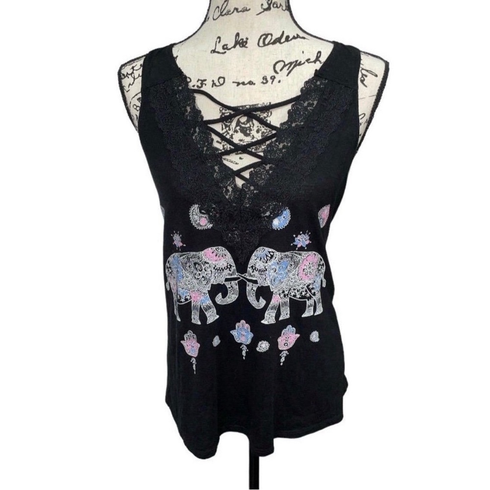 Black Elephant Print Lace Trim Women's Top